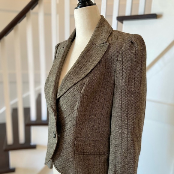 Wool Blend Fitted Brown Pinstripe Blazer - Picture 7 of 12